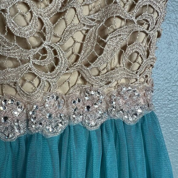 Jodi Kristopher Party Dress Cream Teal Lace Bodice Mini Short Juniors 1 - Picture 4 of 11